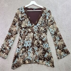 TAILOR B MOSS  Floral Print V Neck Long Sleeve Bell Sleeve Blouse Top Medium